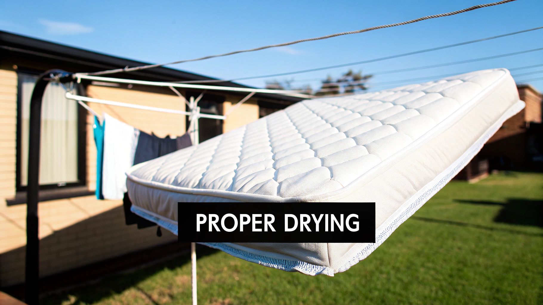 A large white mattress is drying on an outdoor clothesline under a clear blue sky, with other laundry.