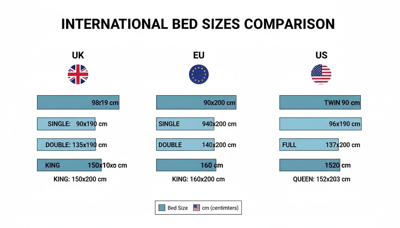 An international bed sizes comparison chart displaying bed dimensions for UK, EU, and US markets.