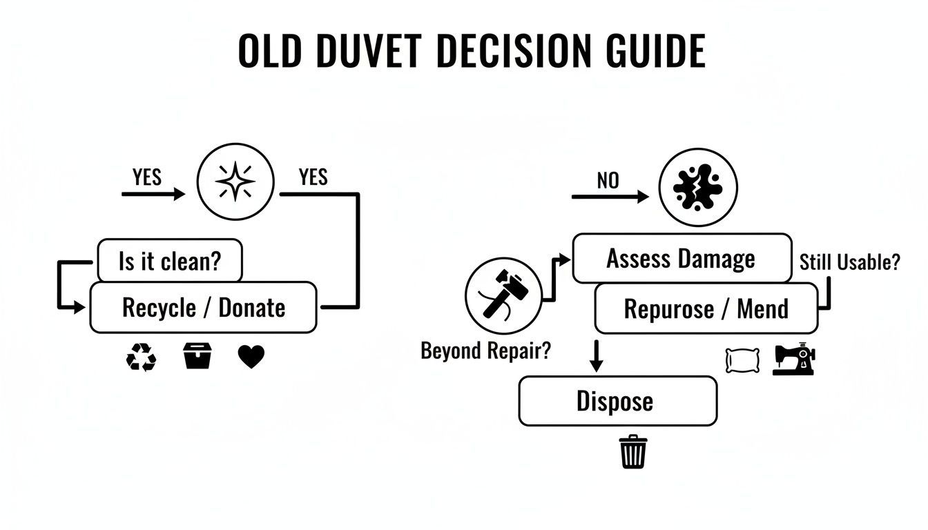 A flowchart titled 'Old Duvet Decision Guide' detailing options for recycling, repurposing, or disposing of old duvets.