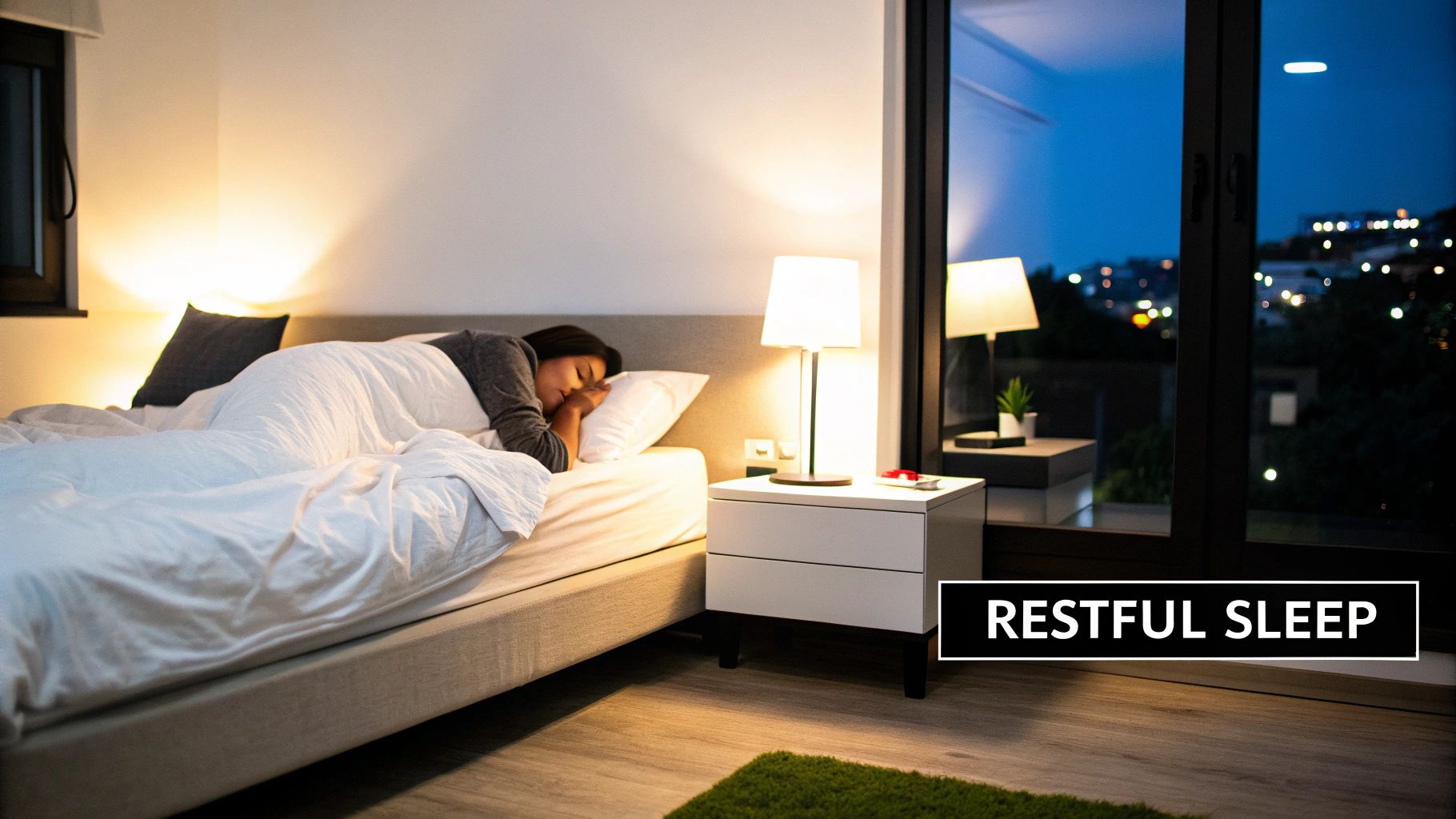 A neatly made bed with light grey cooling bedding in a bright, airy bedroom.