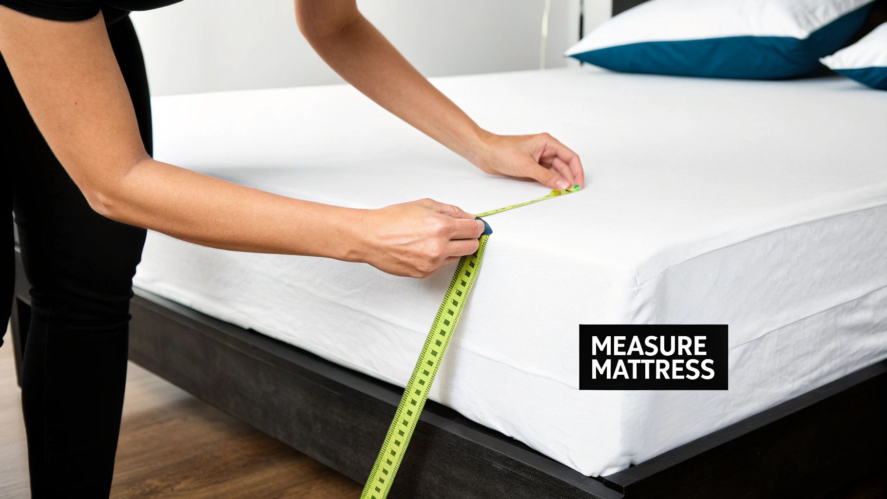 A person uses a green tape measure to determine the height of a white mattress on a dark bed frame.