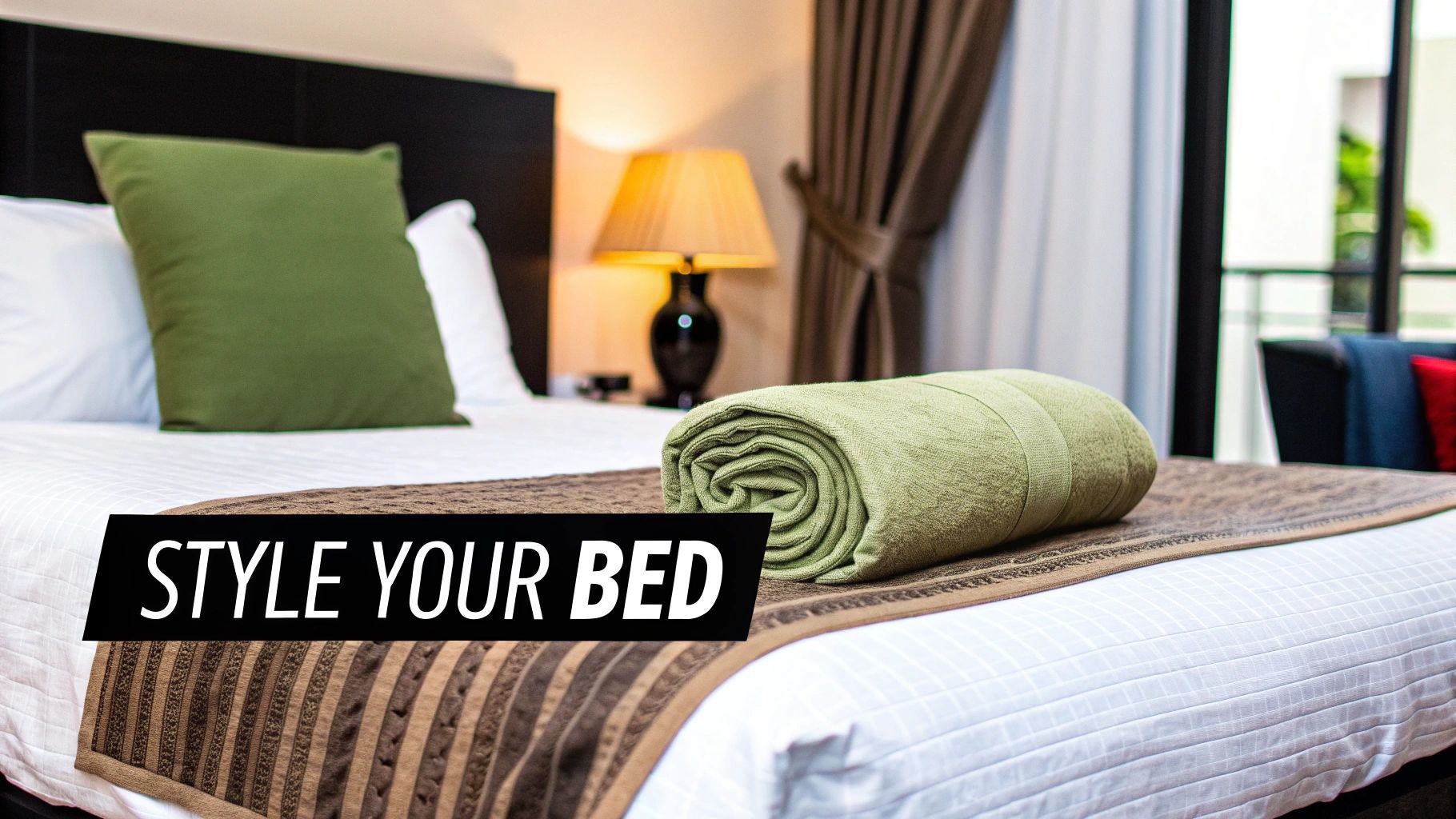 A neatly made hotel bed with a green pillow, brown runner, and rolled green towel.