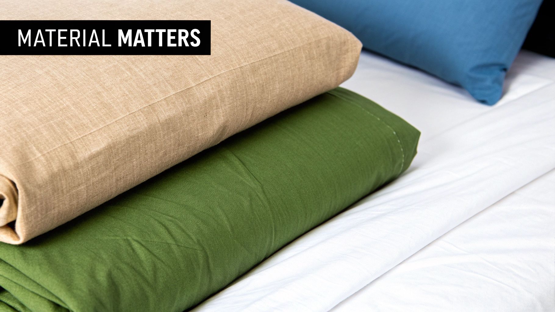 A close-up shot of light-coloured, textured cooling bedding materials neatly folded.