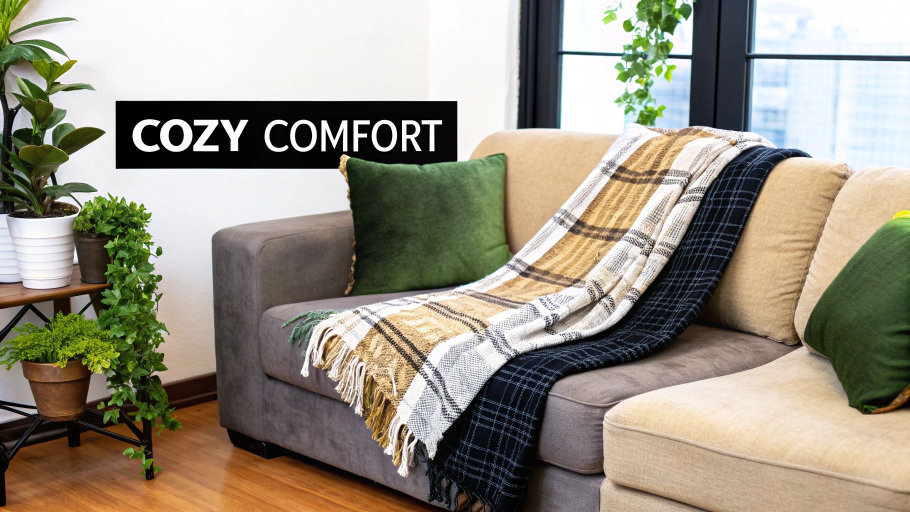 A cosy living room with a person wrapped in a blanket on a sofa, surrounded by cushions and throws.