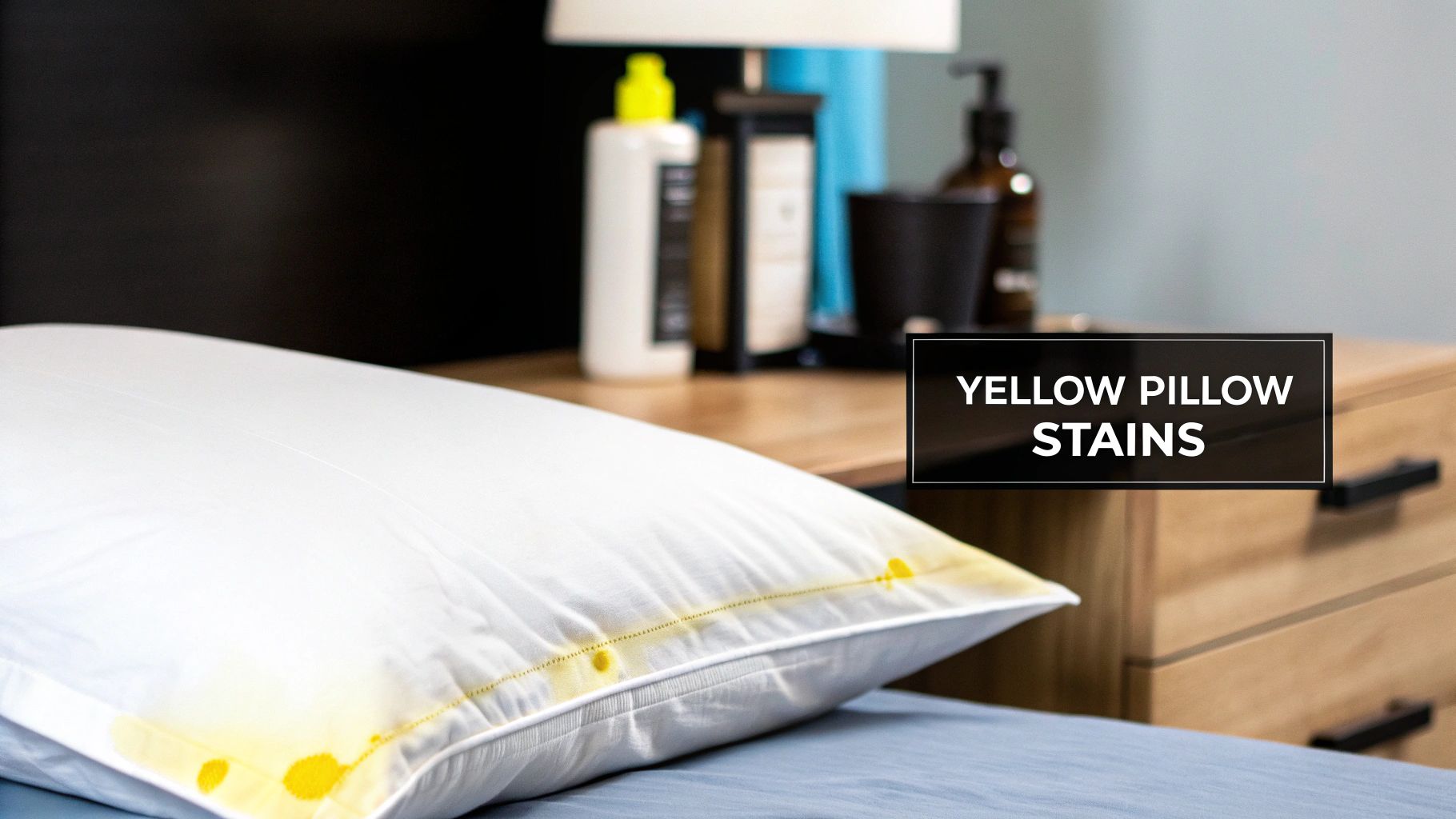 White pillow with yellow stains on bed with cleaning products in background