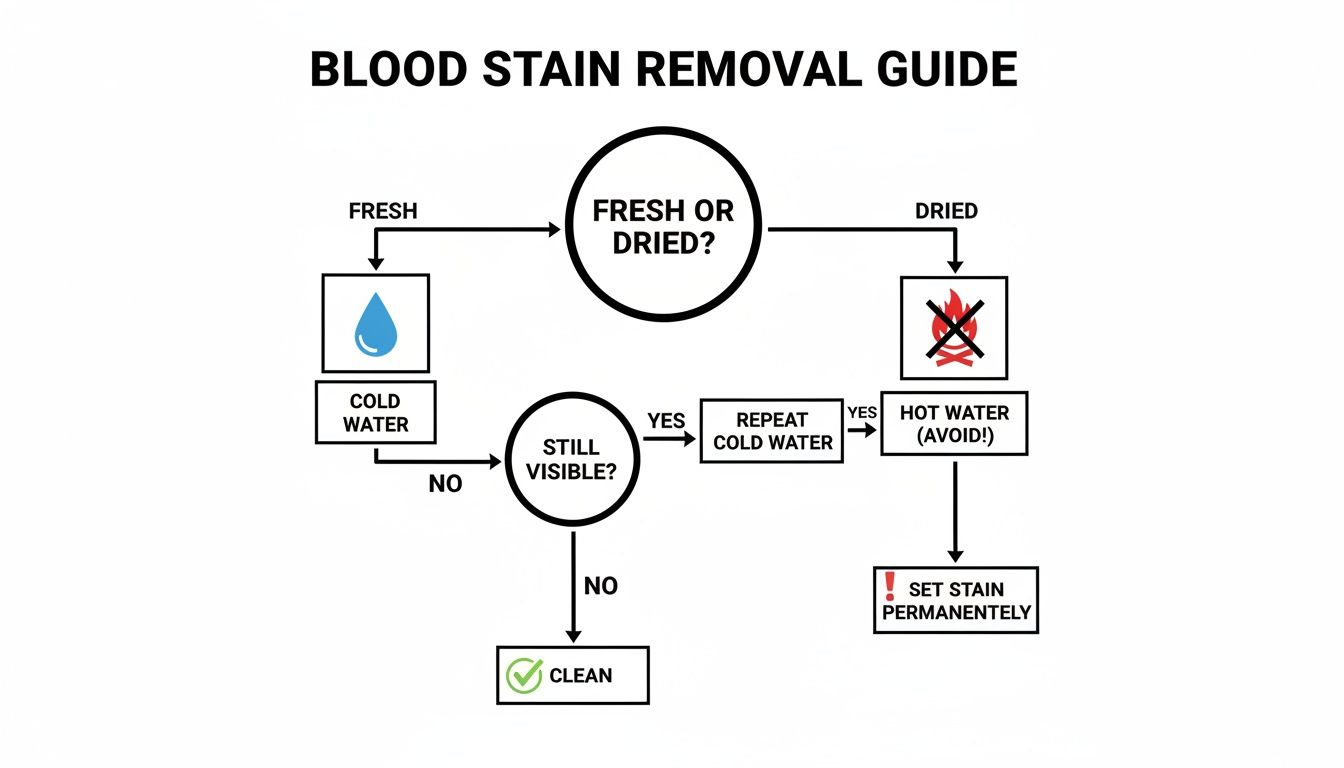 Flowchart guide for blood stain removal using cold water for fresh stains and avoiding hot water for dried.