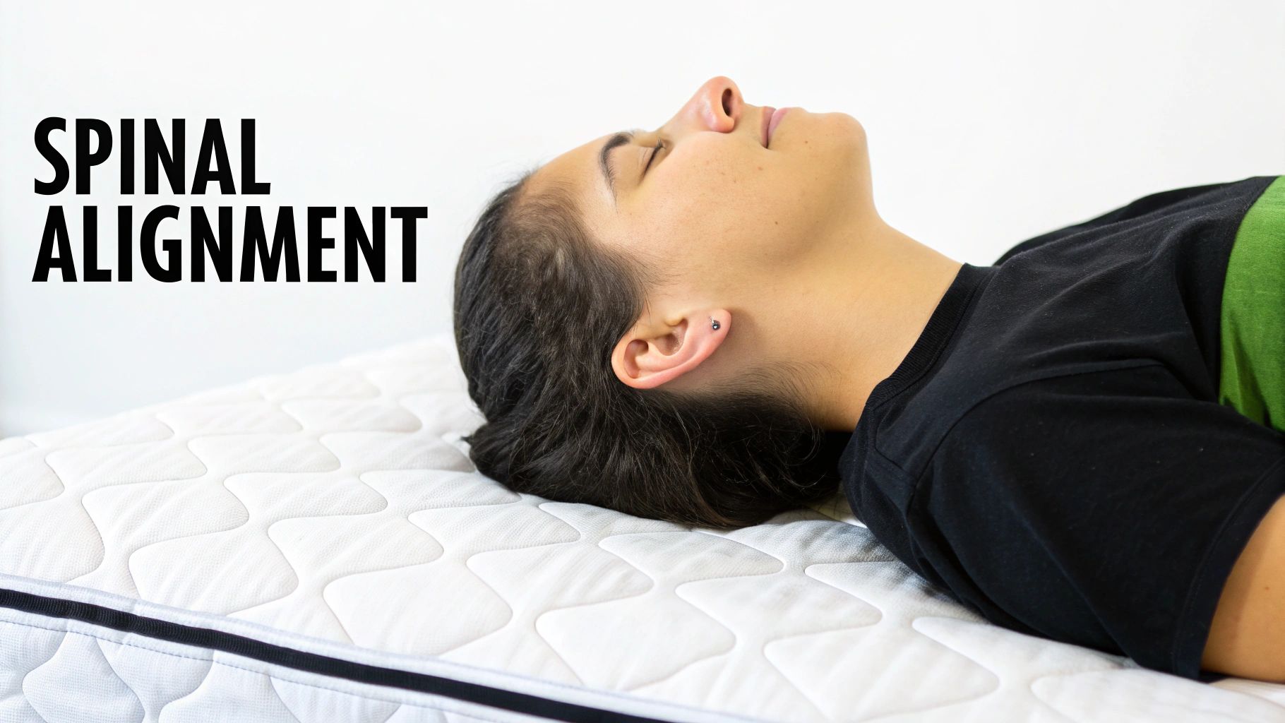 Side profile of a person lying flat on a mattress with text 'SPINAL ALIGNMENT'.