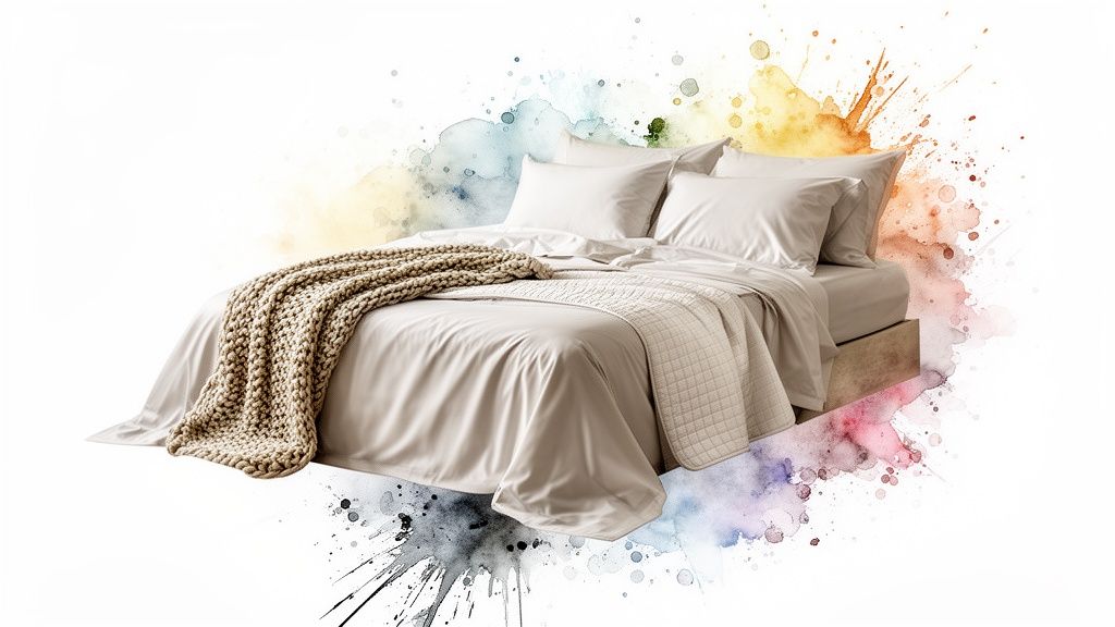 A bed with light-colored cotton sateen sheets, fluffy pillows, and cozy blankets against a watercolor background.