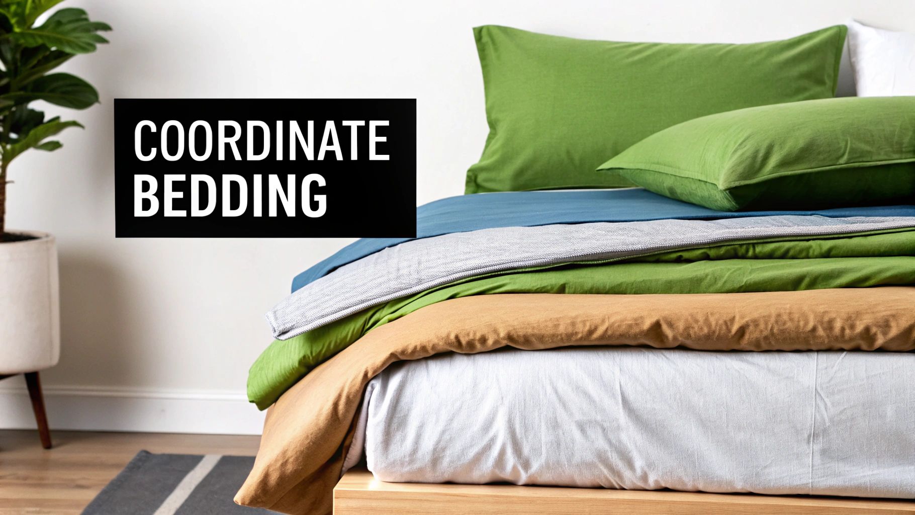 A well-made bed with layered sheets, a duvet, and pillows in a bright bedroom.