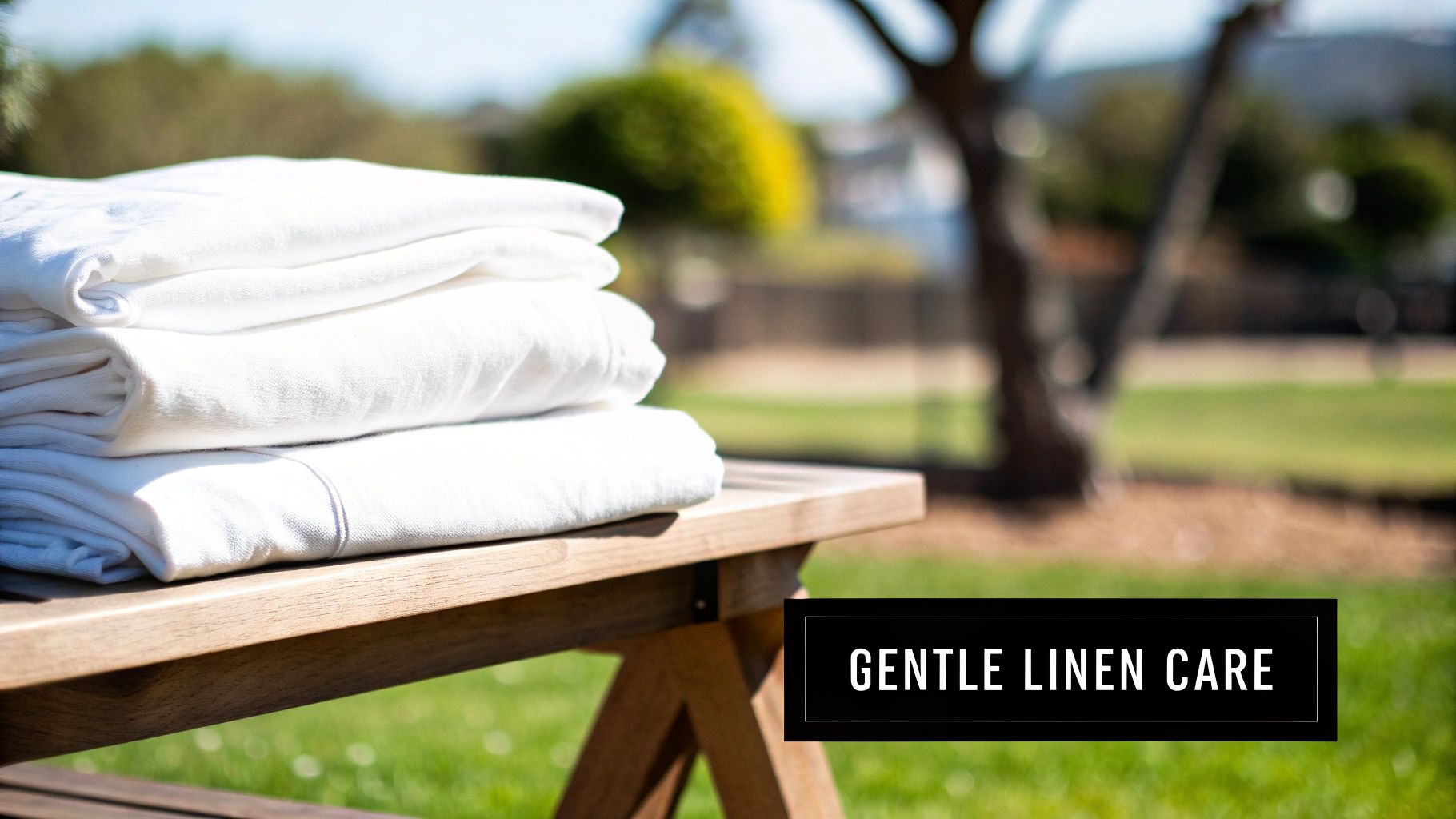 Woman holding a stack of clean, folded linen bedding