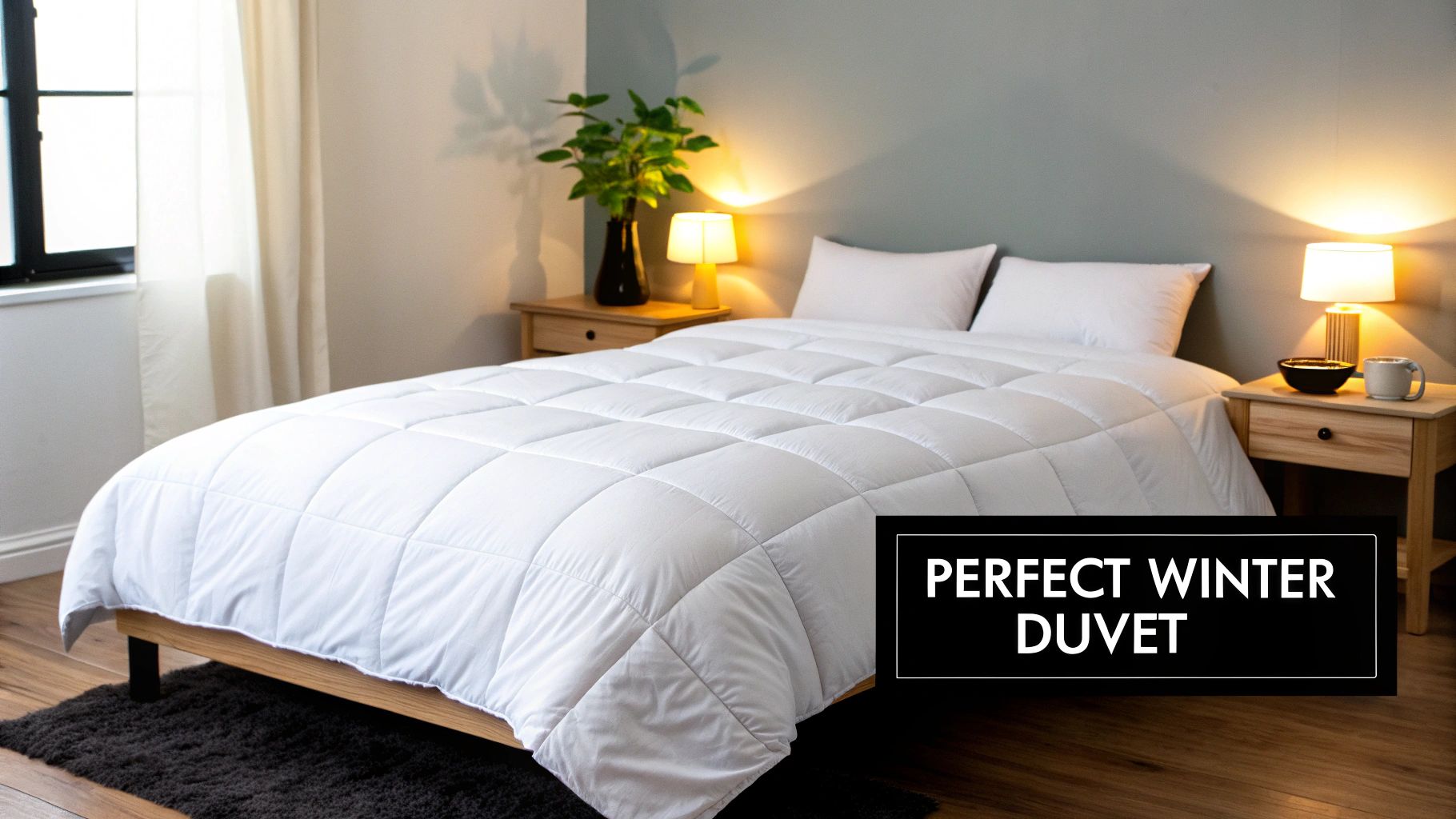 A comfortable white quilted duvet on a bed in a cozy bedroom with nightstands and lamps.
