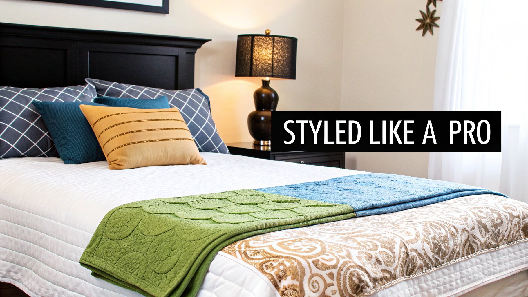 Professionally styled bedroom with colorful quilts, decorative pillows, and elegant black nightstand lamp