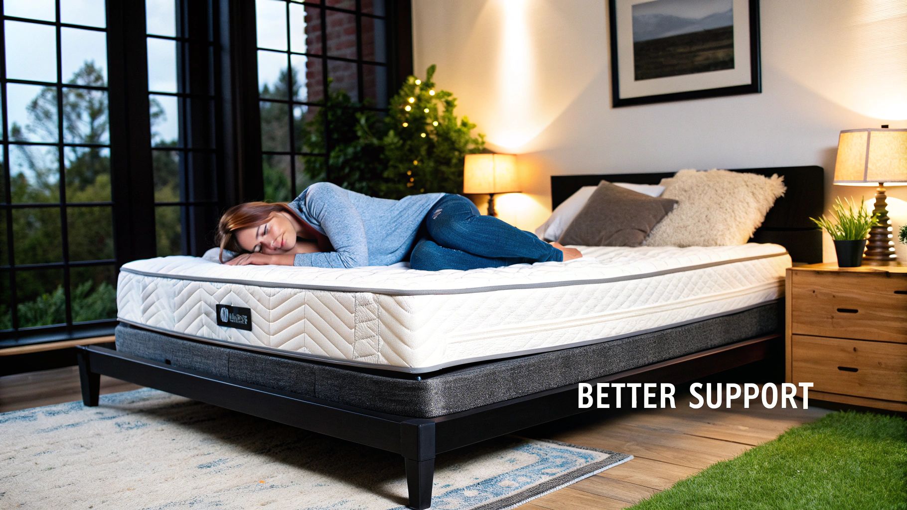 A person sleeping comfortably on a mattress with a plush topper, looking relaxed.