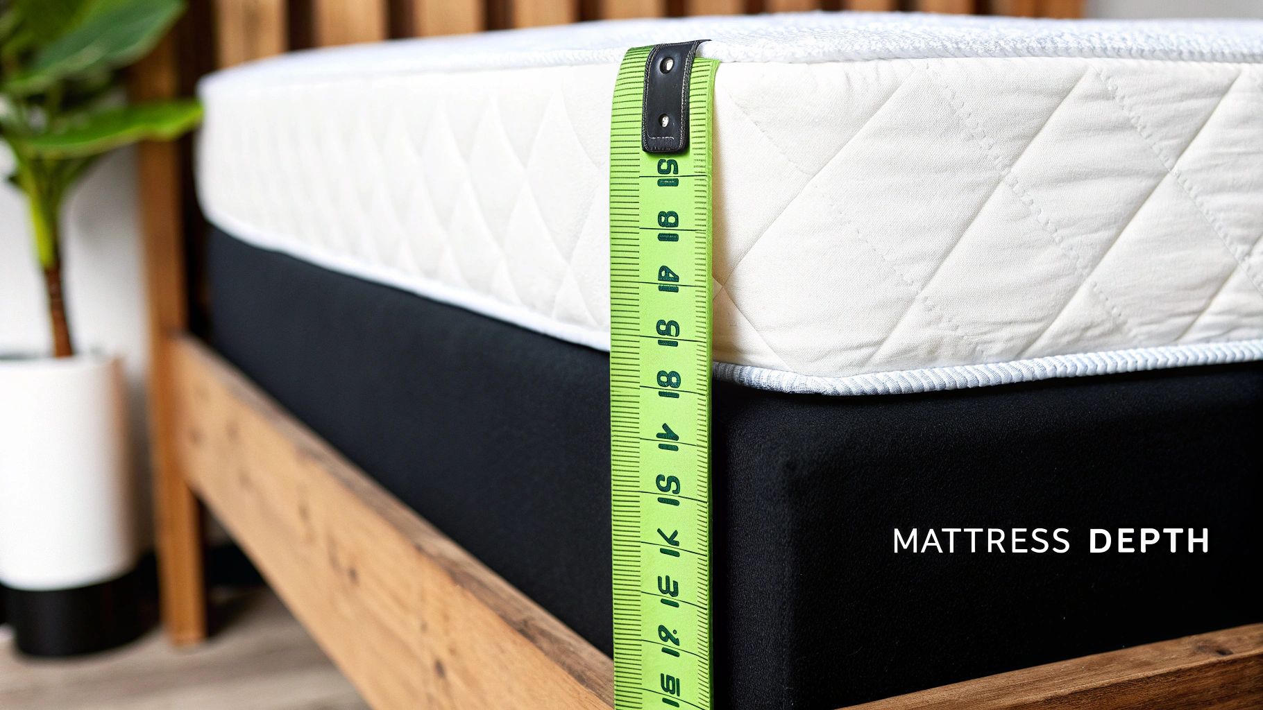 A green measuring tape displaying mattress depth on a white quilted mattress and black bed base.