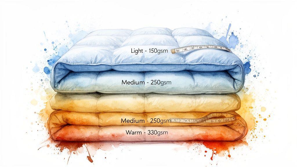 Watercolor illustration of stacked comforters, showing light, medium, and warm options with gsm values.