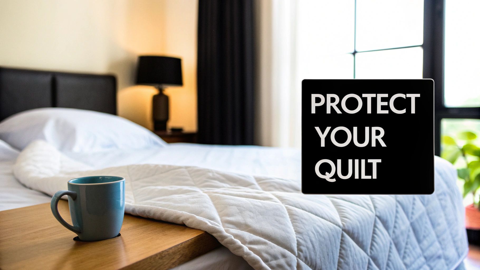 A waterproof quilt protector layered on a bed, showing its protective qualities.