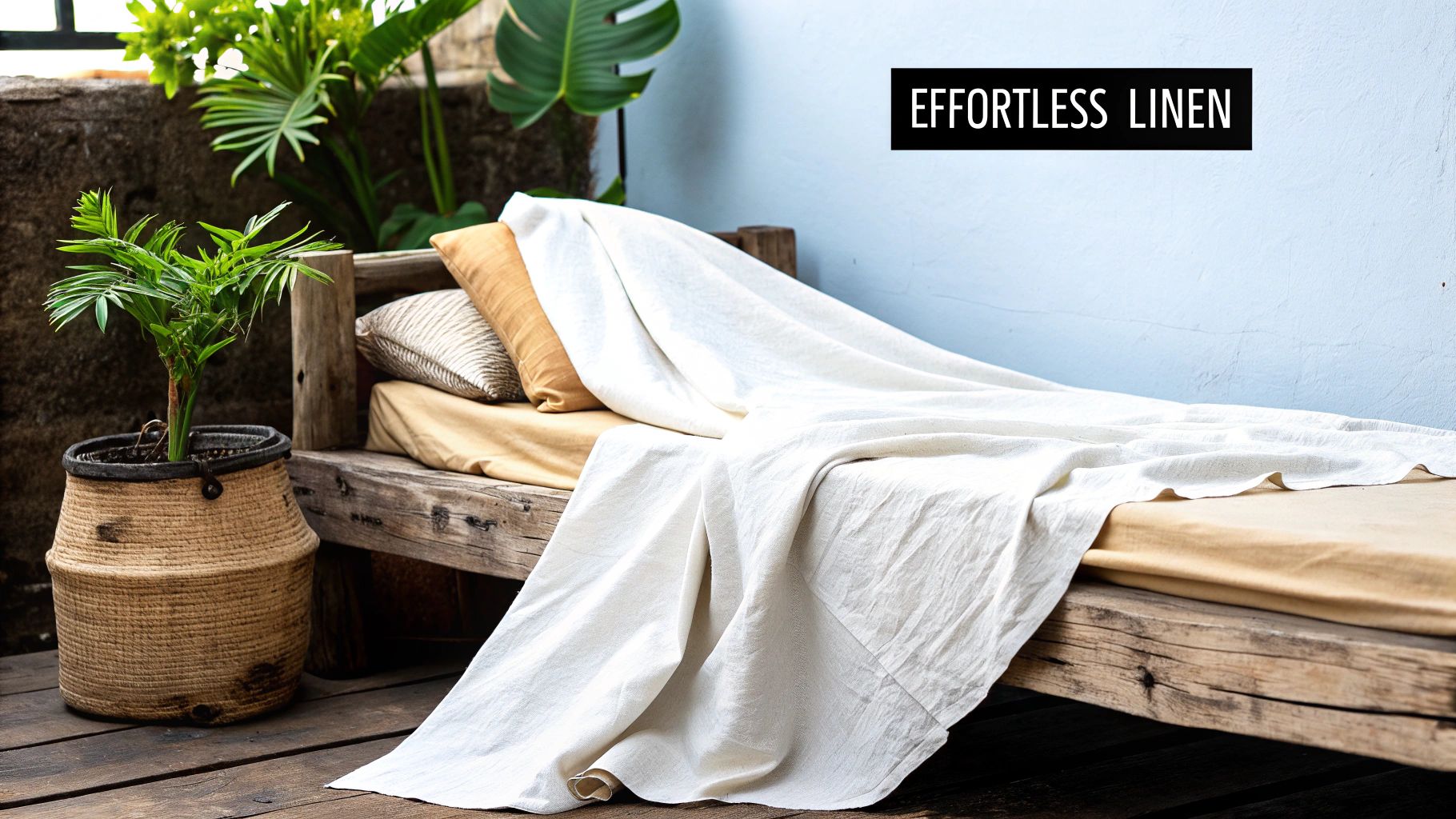 A beautifully made bed with light-coloured, slightly wrinkled linen bedding, creating a relaxed and inviting look.