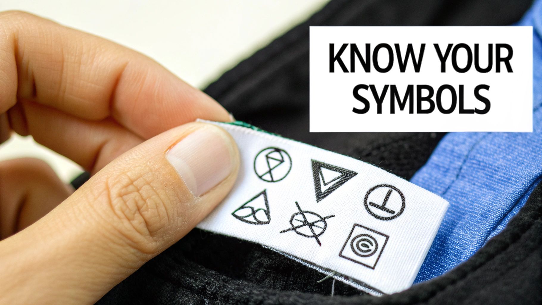 A hand holds a clothing label displaying multiple fabric care symbols with text "KNOW YOUR SYMBOLS".