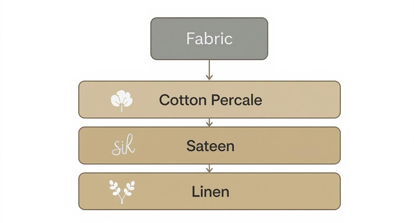 Infographic showing a hierarchy of fabric choices for duvet covers, including Cotton Percale, Sateen, and Linen.