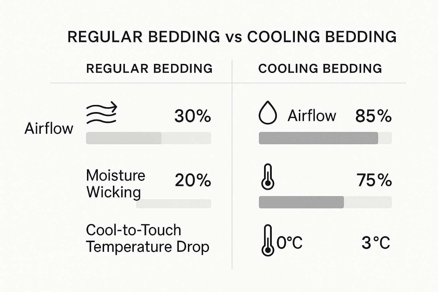 Infographic comparing Regular Bedding and Cooling Bedding on Airflow, Moisture Wicking, and Cool-to-Touch Temperature Drop.