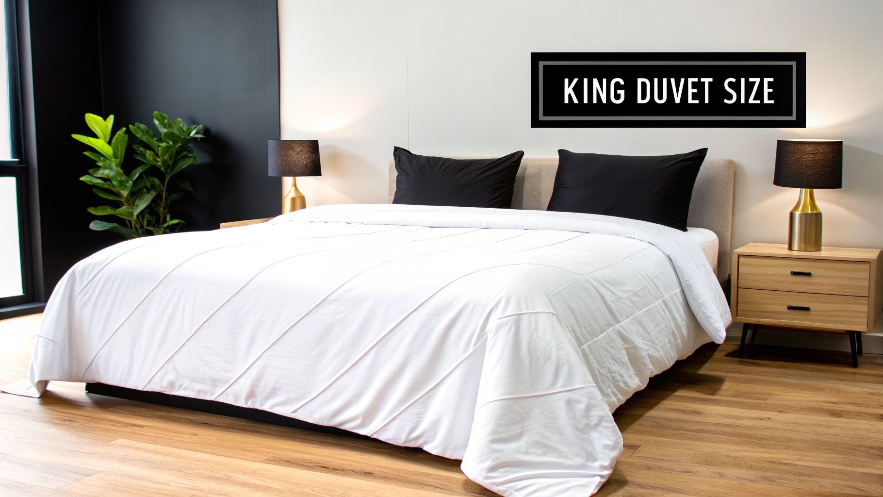 A modern bedroom with a bed dressed in a white king size duvet and black pillows.