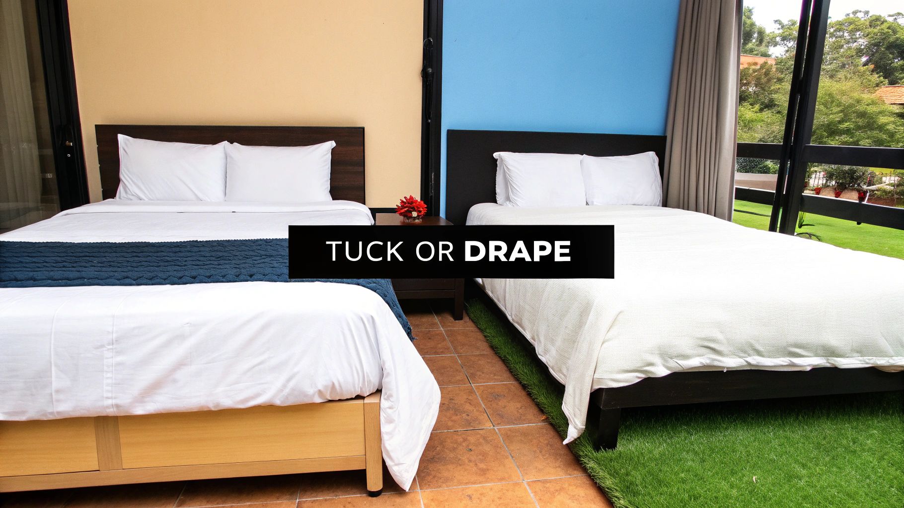 Two hotel beds side-by-side, one tucked and one draped, demonstrating different bedding styles.