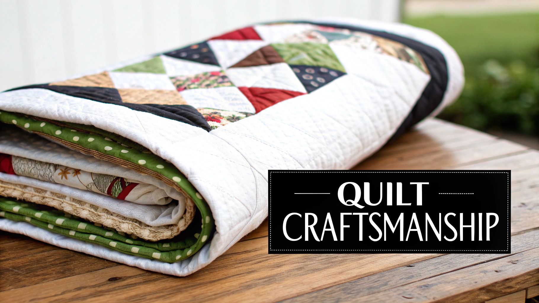 Stack of handmade quilts with decorative patchwork patterns and craftsmanship label on wooden surface