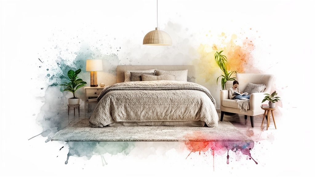 Comfortable bedroom scene featuring a bed, bedside lamp, plants, and a reader, with watercolor splashes.