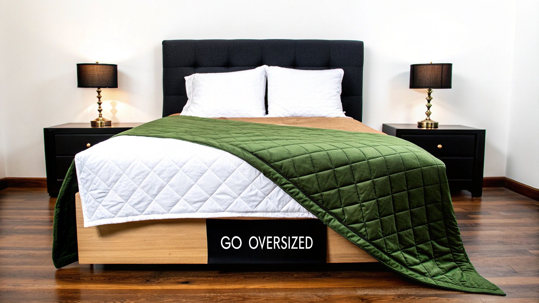 A cozy bedroom setup featuring a queen-sized bed with a dark headboard and a green oversized quilt.