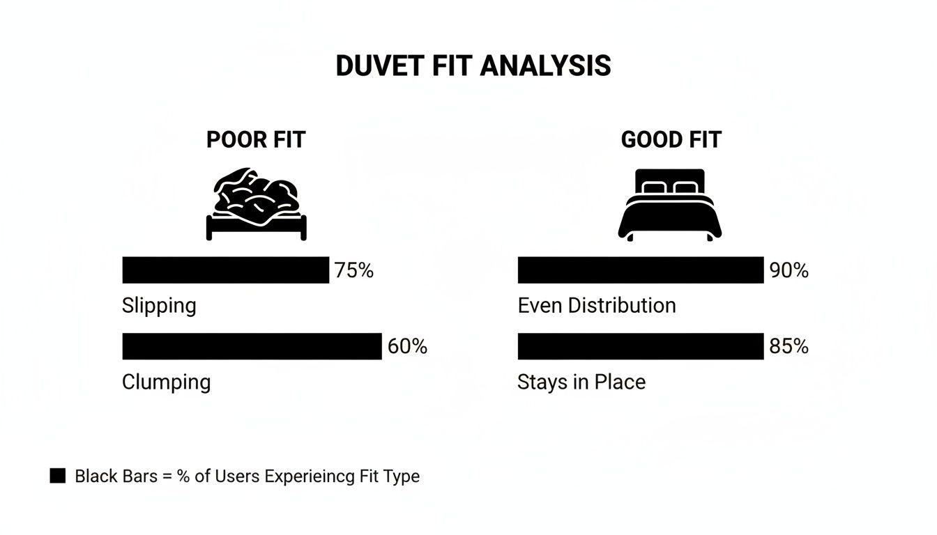 Chart showing duvet fit analysis: poor fit (slipping, clumping) vs. good fit (even distribution, stays in place).