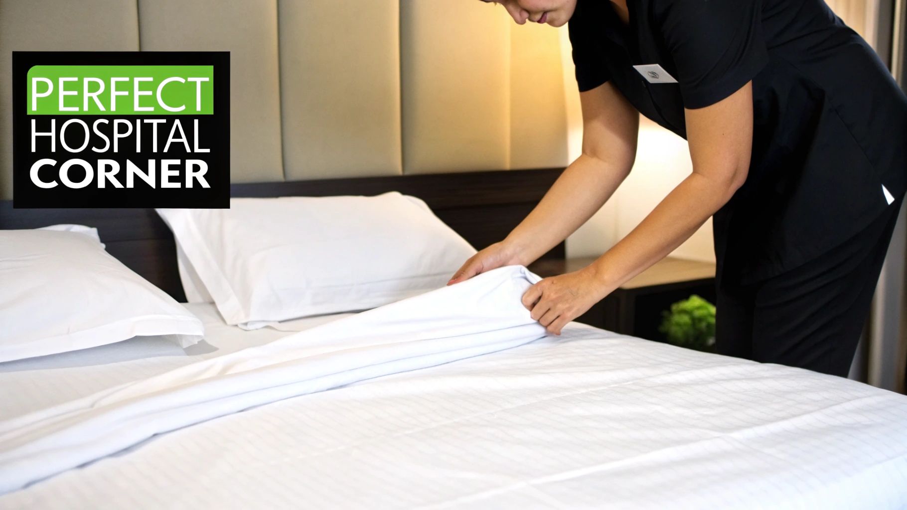 A housekeeper in a black uniform meticulously making a bed with crisp white sheets and pillows.