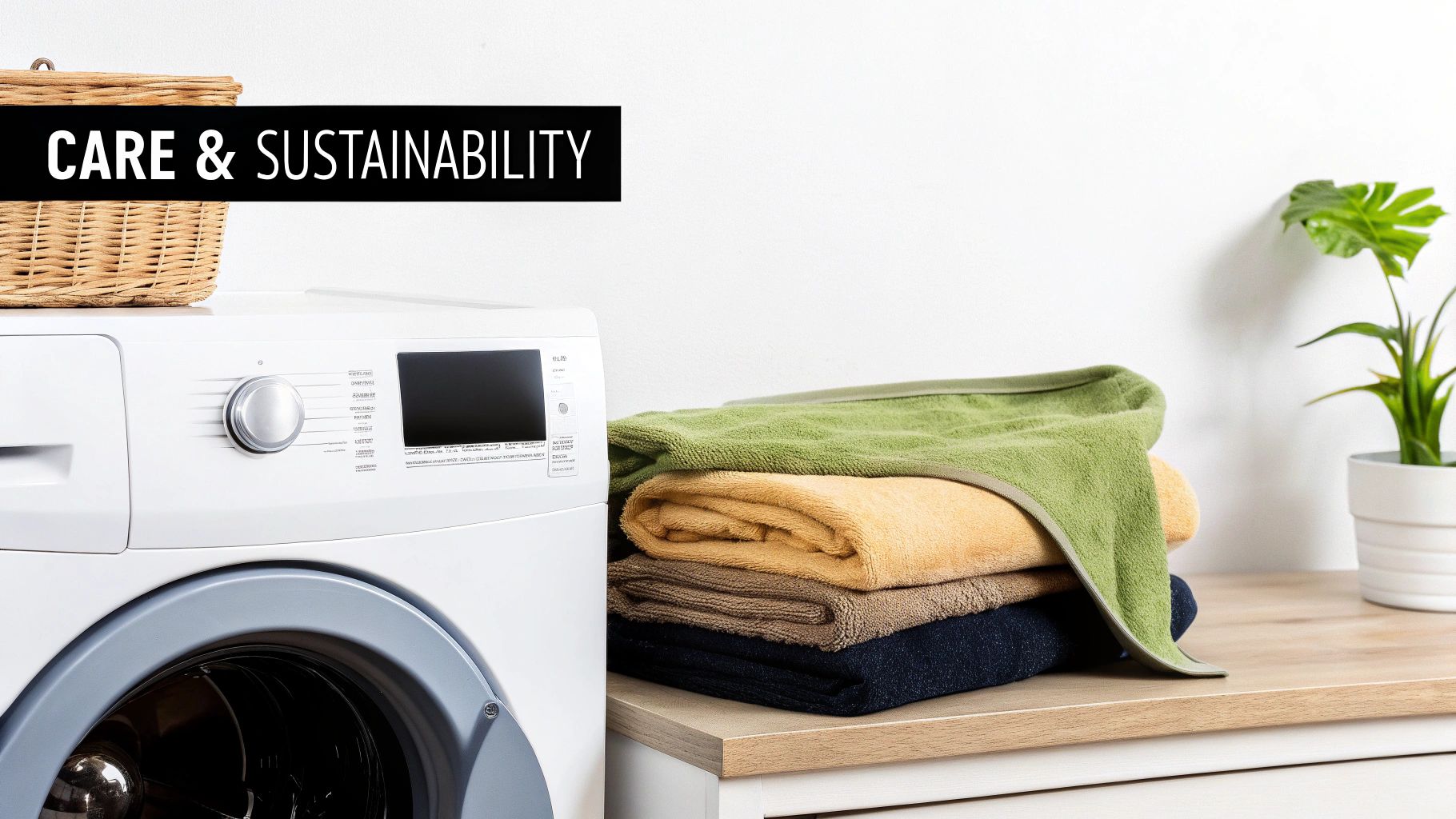 A clean washing machine next to a laundry basket and stacked folded towels, highlighting care and sustainability.