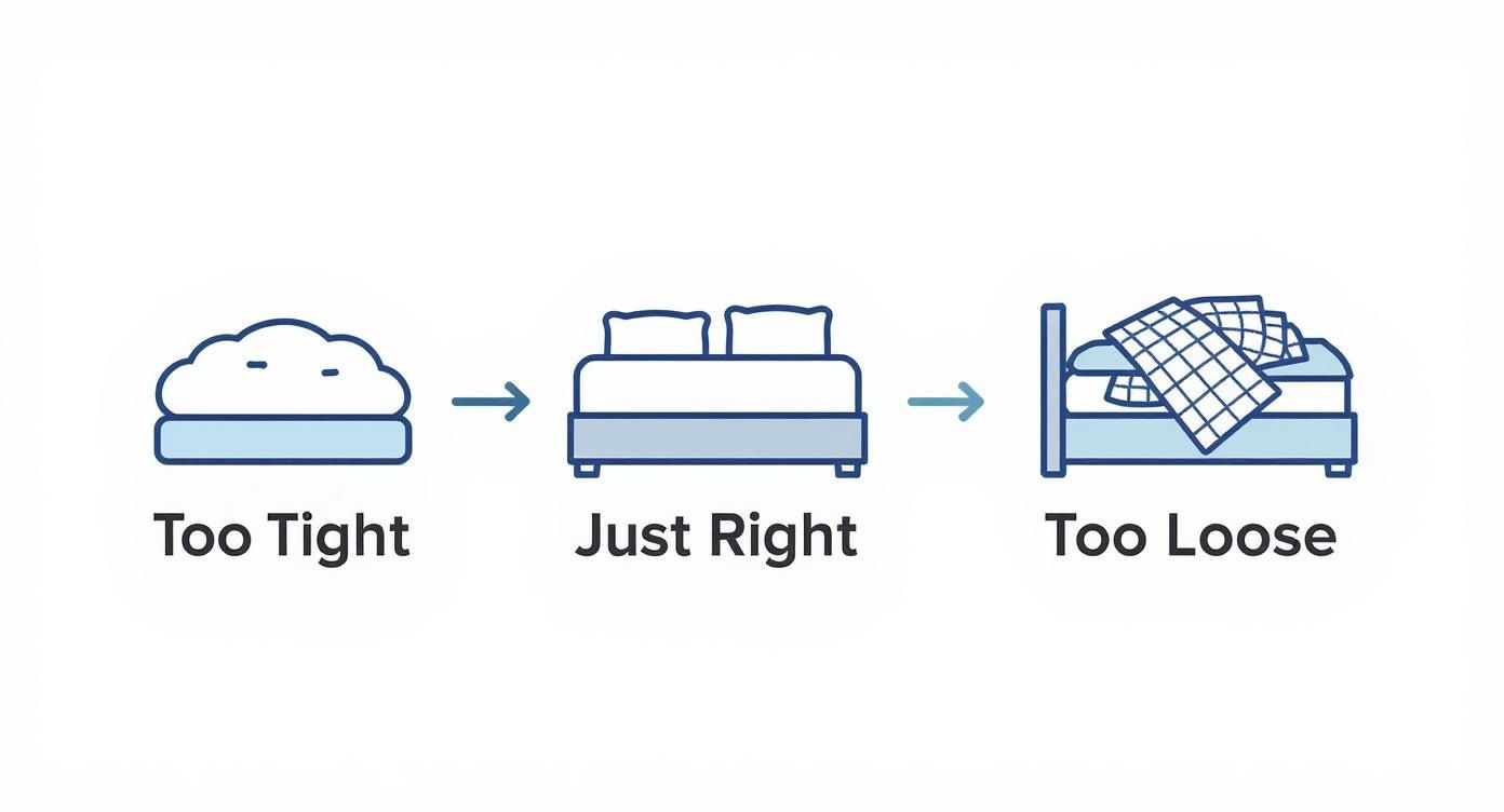 Infographic showing the difference between a quilt cover that is too tight, just right, and too loose.