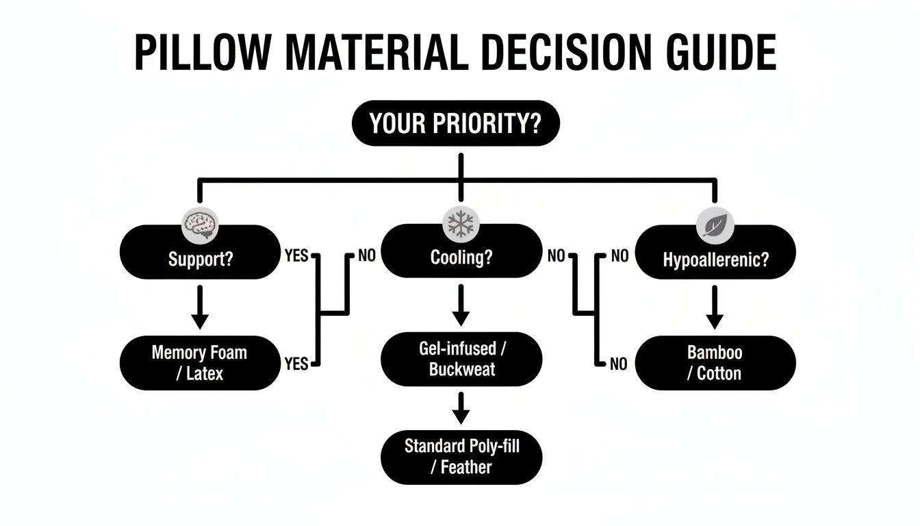 Flowchart guiding pillow material selection based on support, cooling, and hypoallergenic priorities.