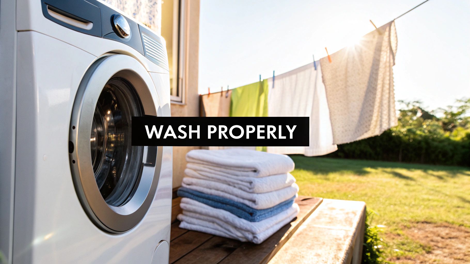 A washing machine, clean folded towels, and clothes drying on an outdoor clothesline under the sun.