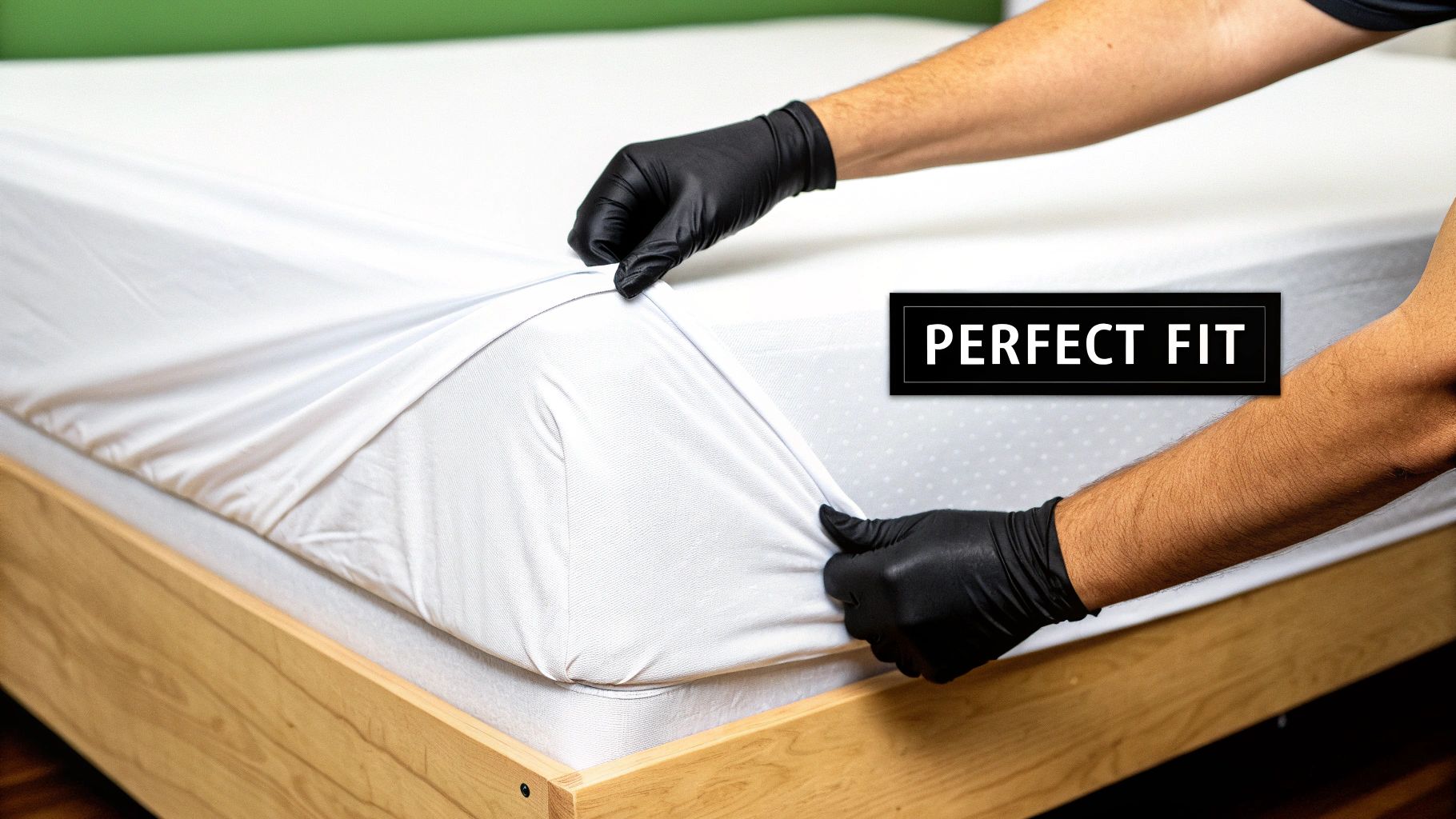 Person wearing black gloves precisely fitting a white elasticized sheet onto a mattress, labeled 'PERFECT FIT'.