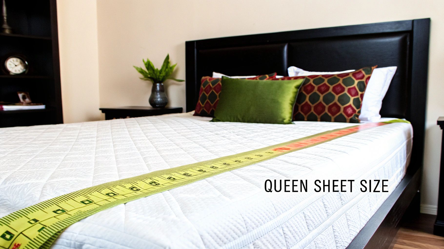 A neatly made queen bed with grey fitted sheets, highlighting a perfect fit.