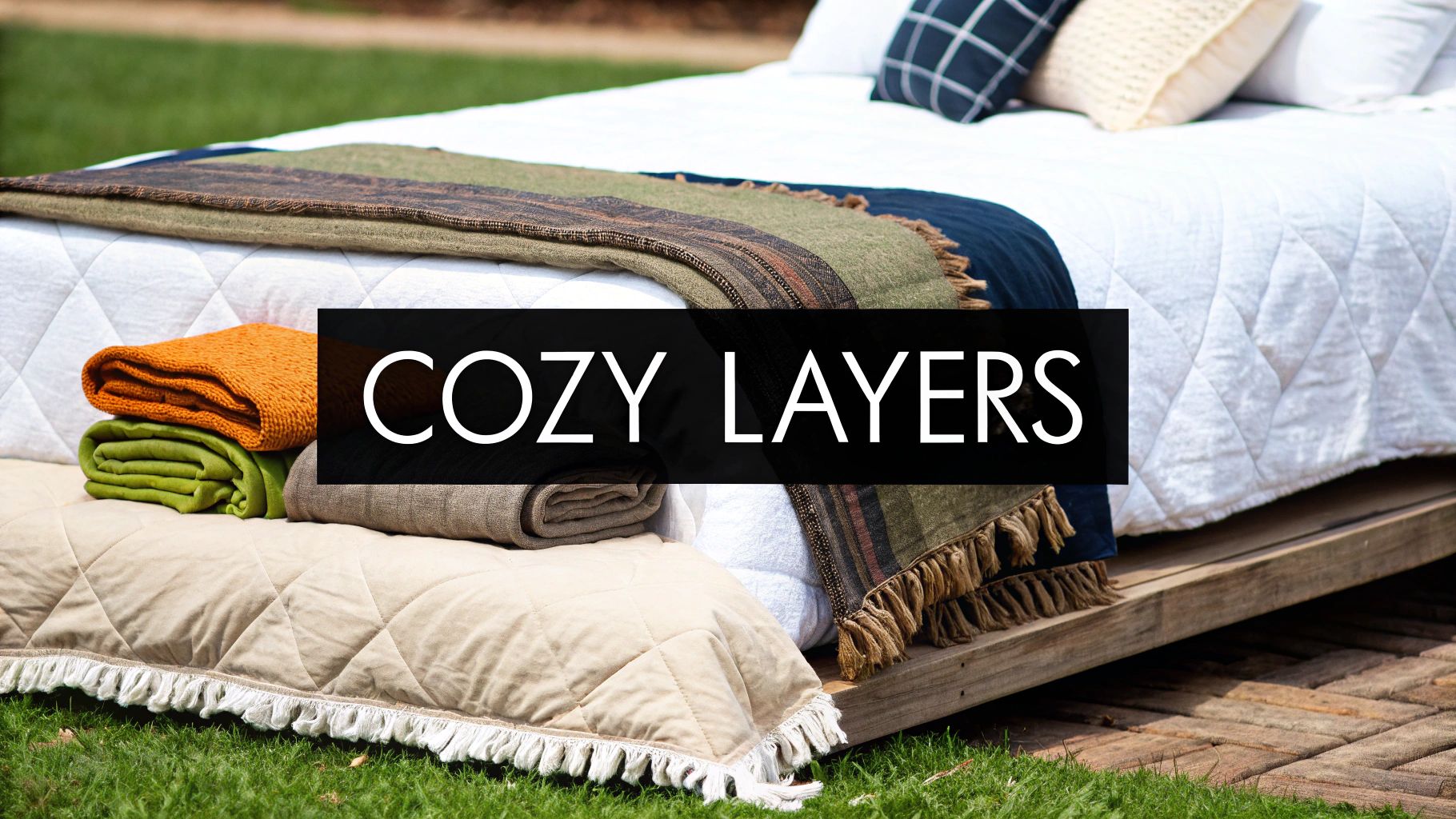 A beautifully made bed with layered textiles, including a duvet, throw blanket, and decorative cushions.