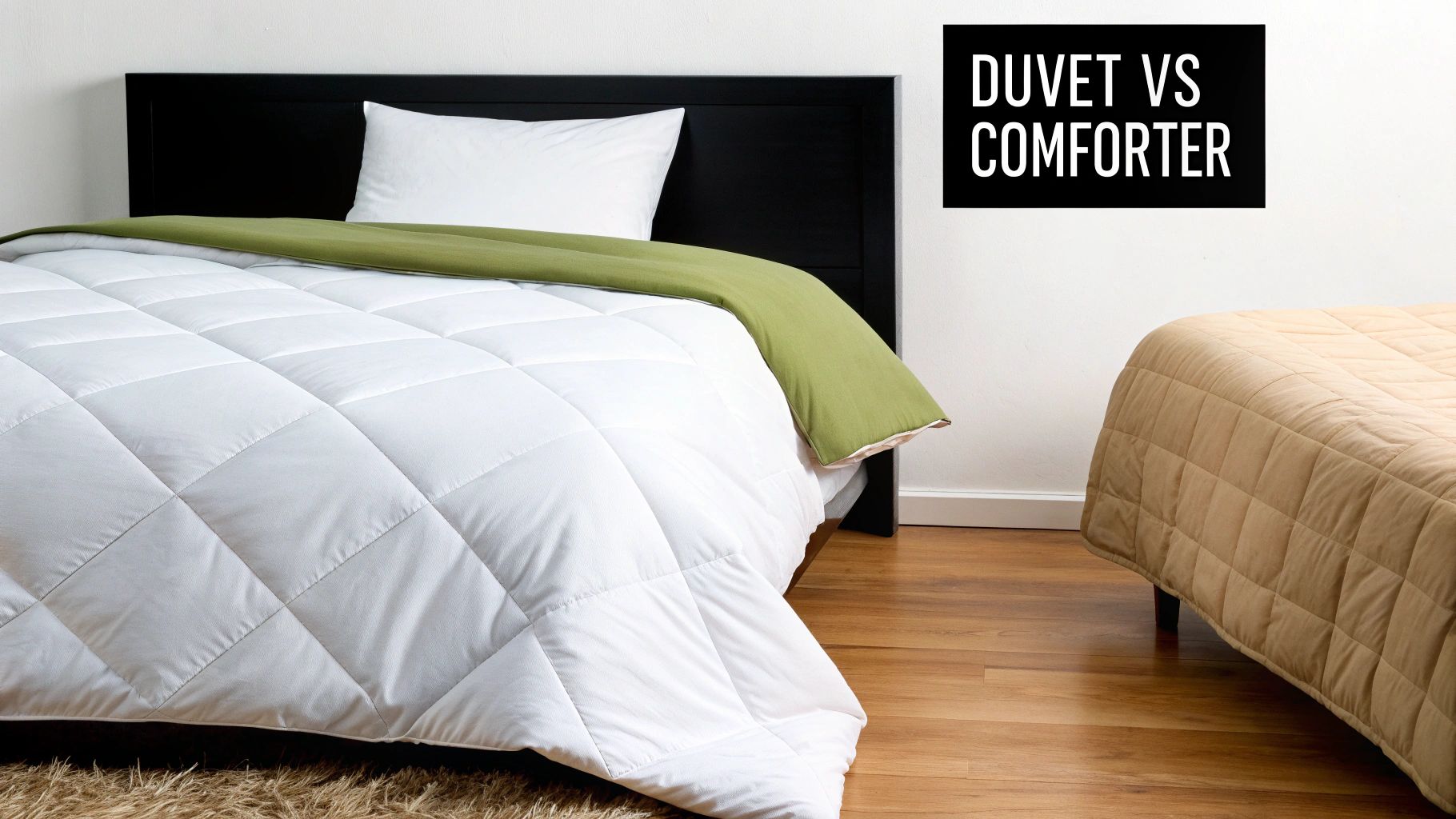 Two beds featuring a white duvet with a green accent and a tan comforter, highlighting their differences.