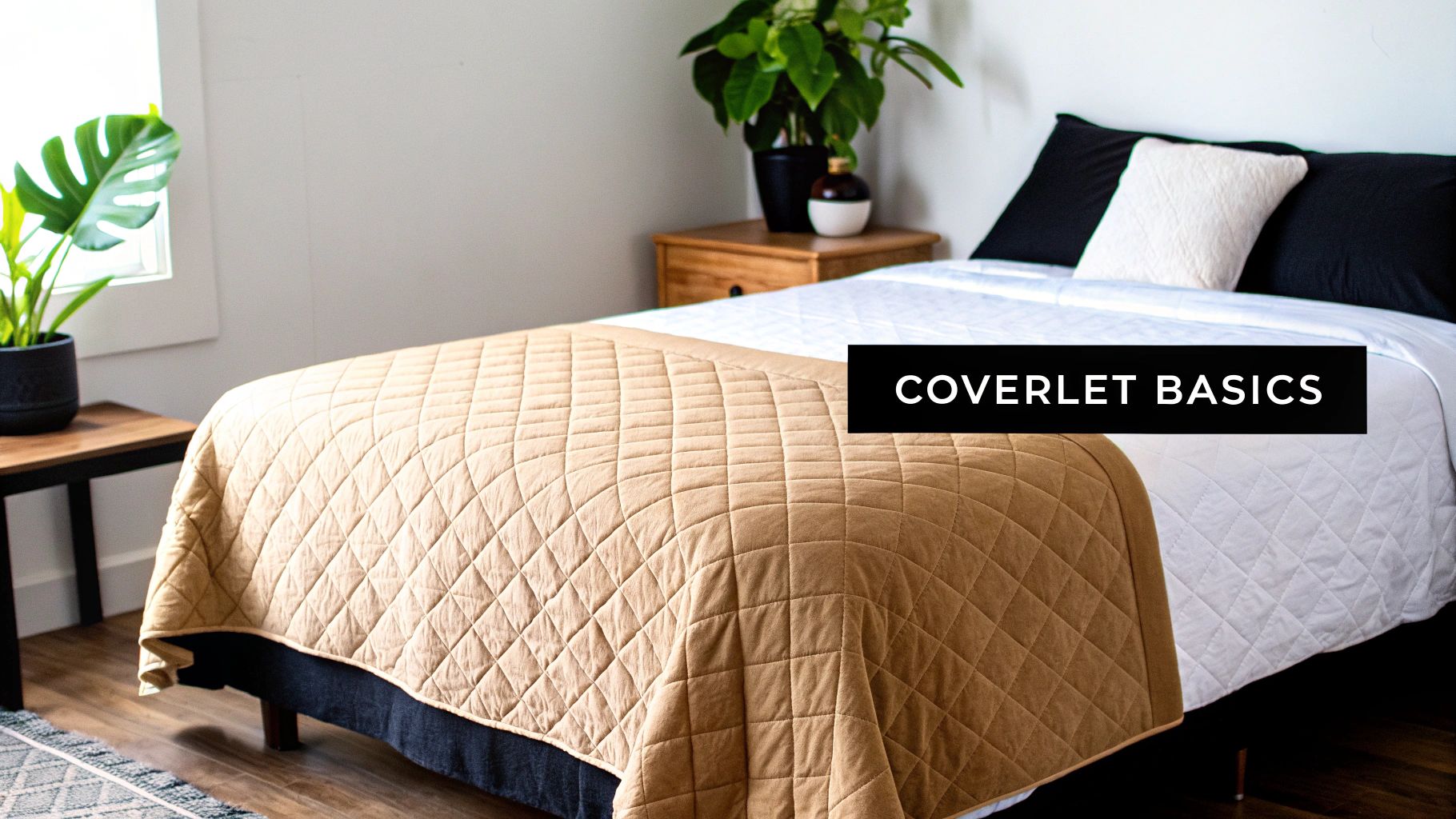 A neatly folded coverlet on a well-made bed, showcasing its texture.