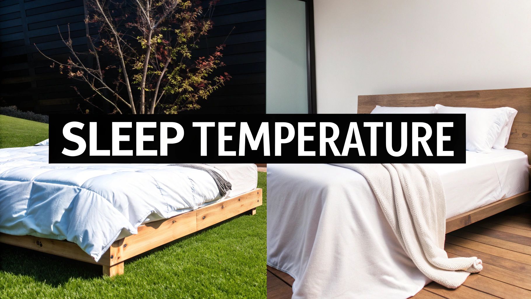Split image showing a bed outdoors on grass and a bed indoors, with 'SLEEP TEMPERATURE' text.