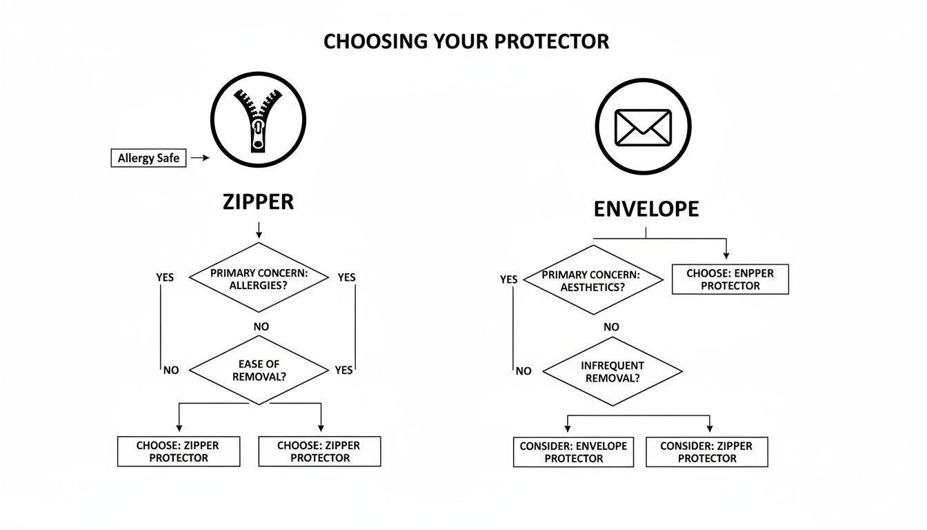Flowchart guiding the choice between zipper and envelope protectors based on allergies, aesthetics, and removal.
