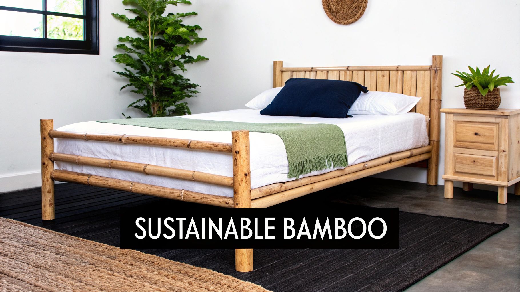 A natural bedroom featuring a sustainable bamboo bed frame with white bedding, a green throw, and natural wood furniture.