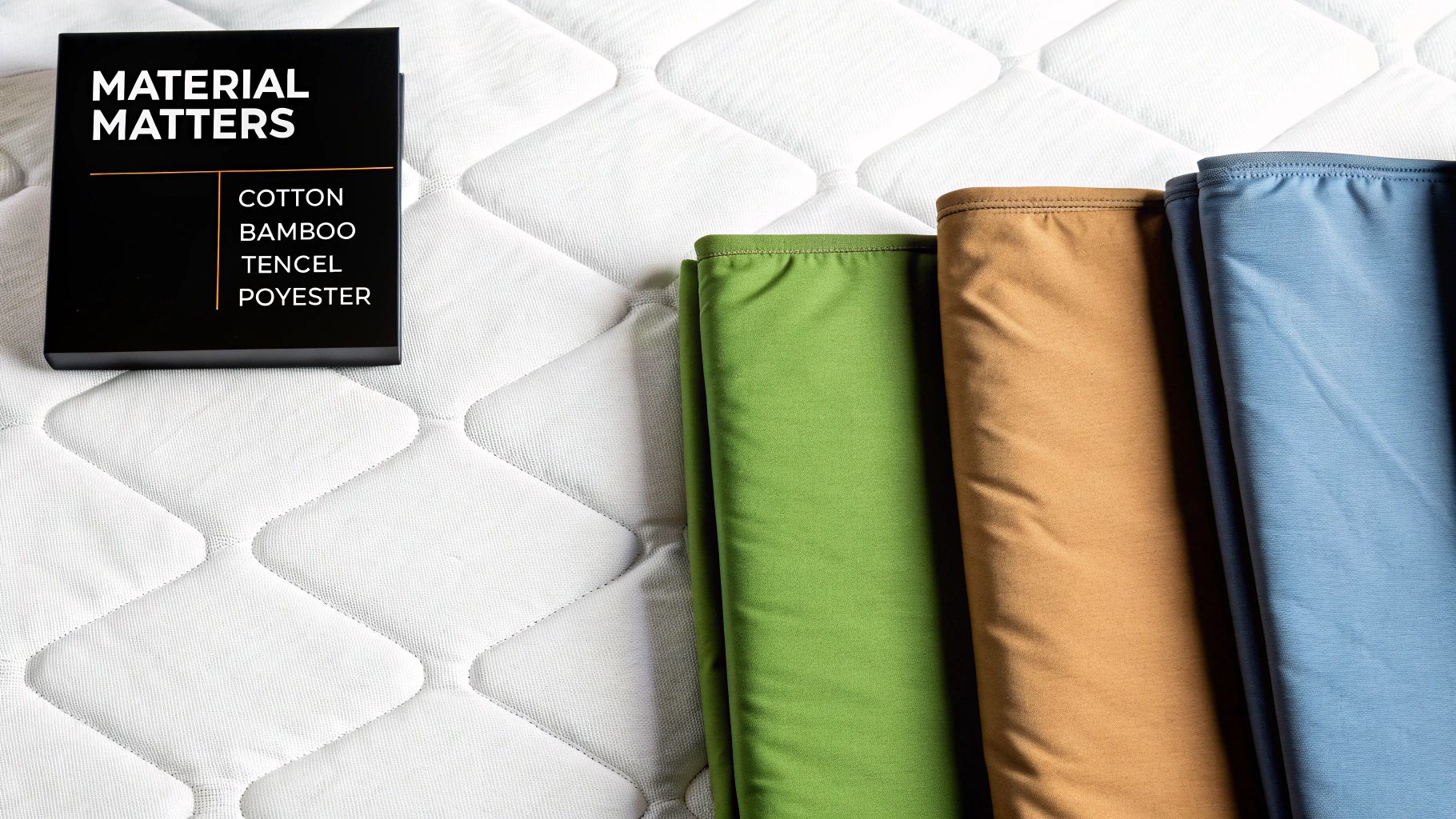 Person placing a soft, white mattress protector on a king-size bed in a well-lit bedroom.