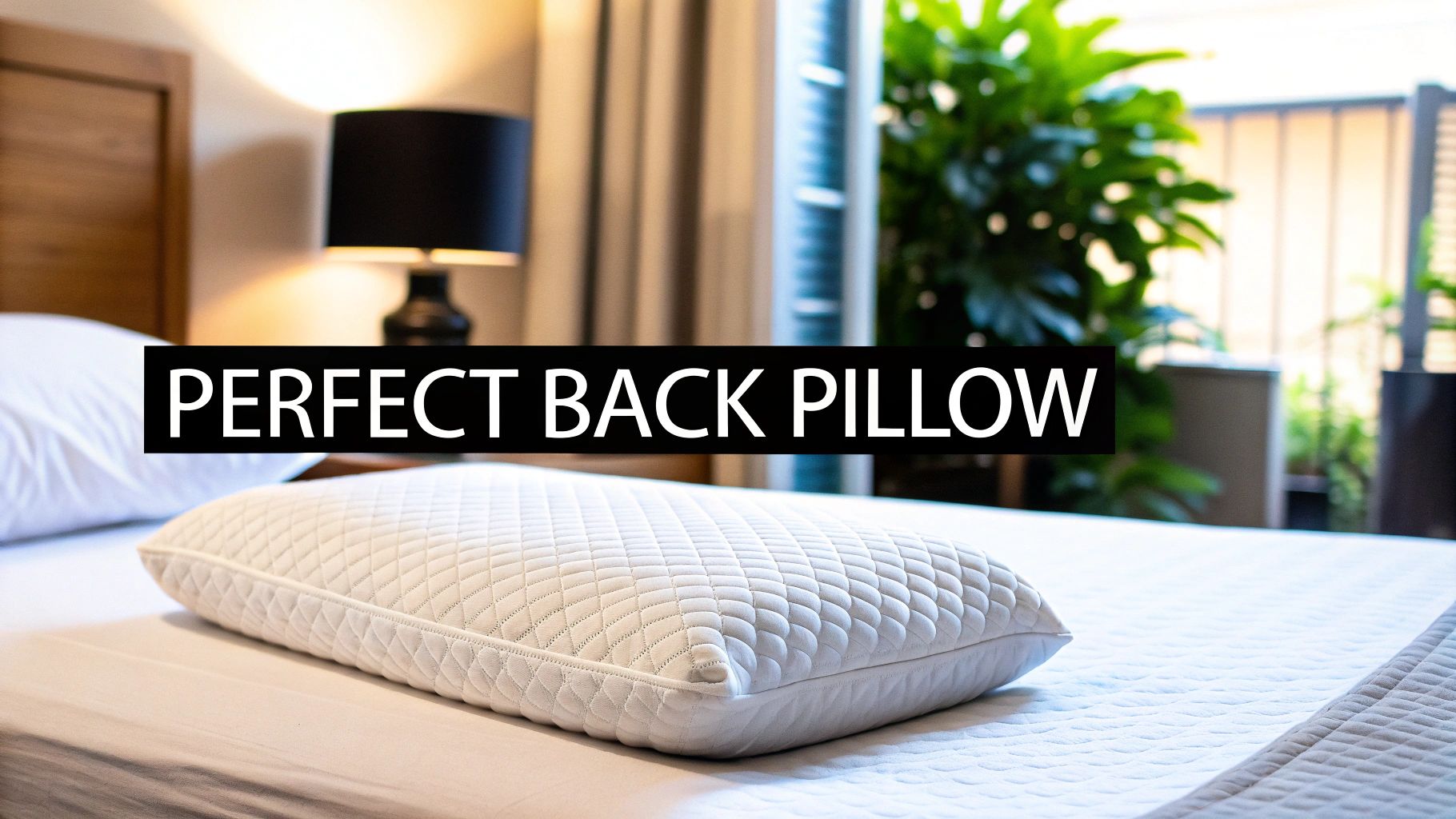 A white quilted pillow with a textured surface resting on a bed, illuminated by warm indoor light. Text says 'PERFECT BACK PILLOW'.