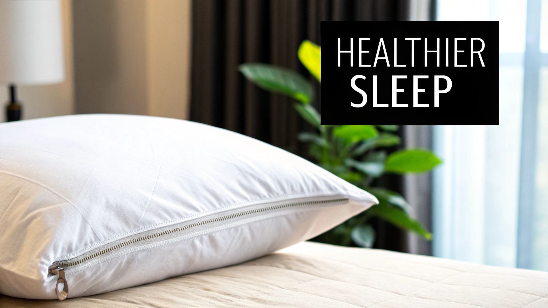 A close-up of a white zippered pillow protector on a bed, promoting healthier sleep.
