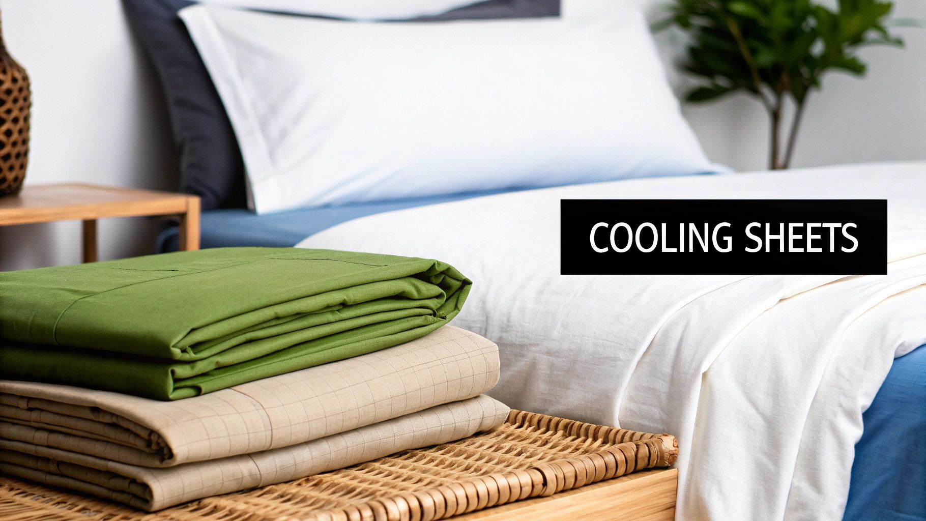 Soft, folded bedding in neutral colours, suggesting comfort and coolness.