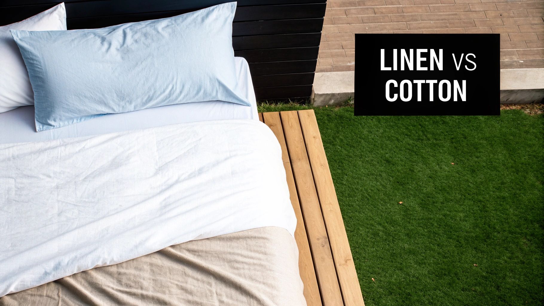 Overhead view of a bed with light blue pillow and white bedding, next to grass and 'Linen vs Cotton' sign.