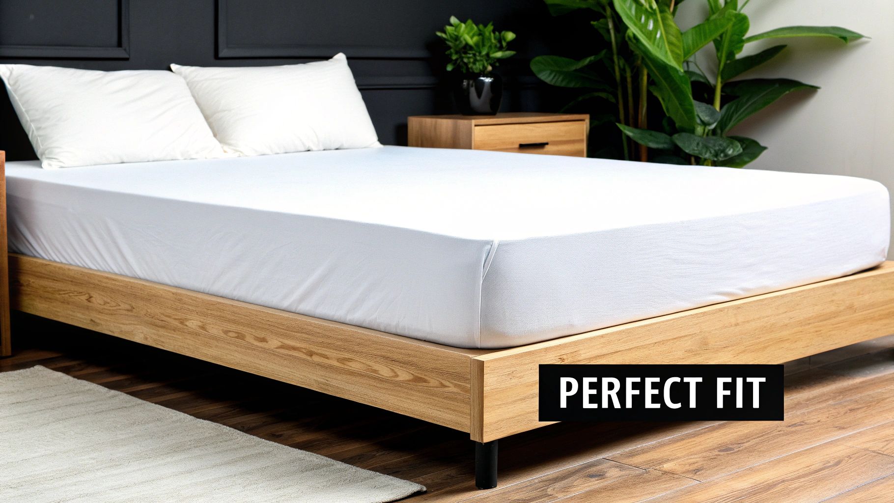 A perfectly fitted white sheet on a modern wooden bed with two pillows and plants in a bedroom.