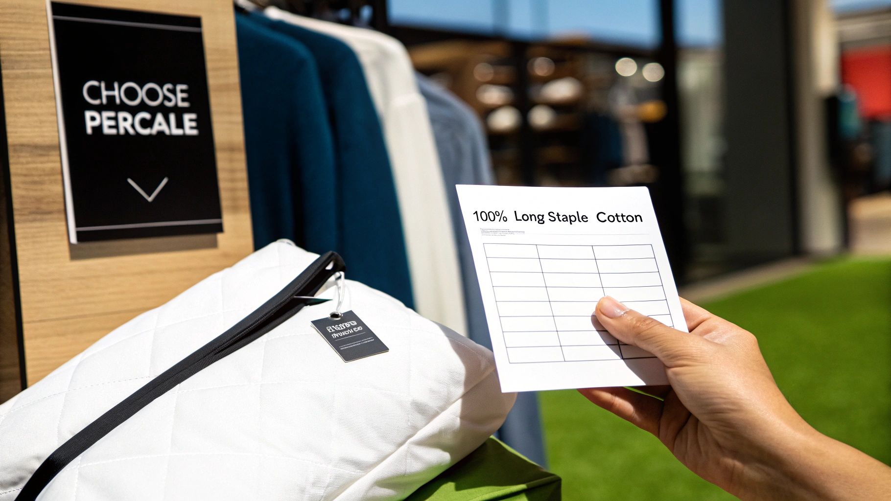Hand holding 100% long staple cotton label beside white bedding pillow with choose percale sign